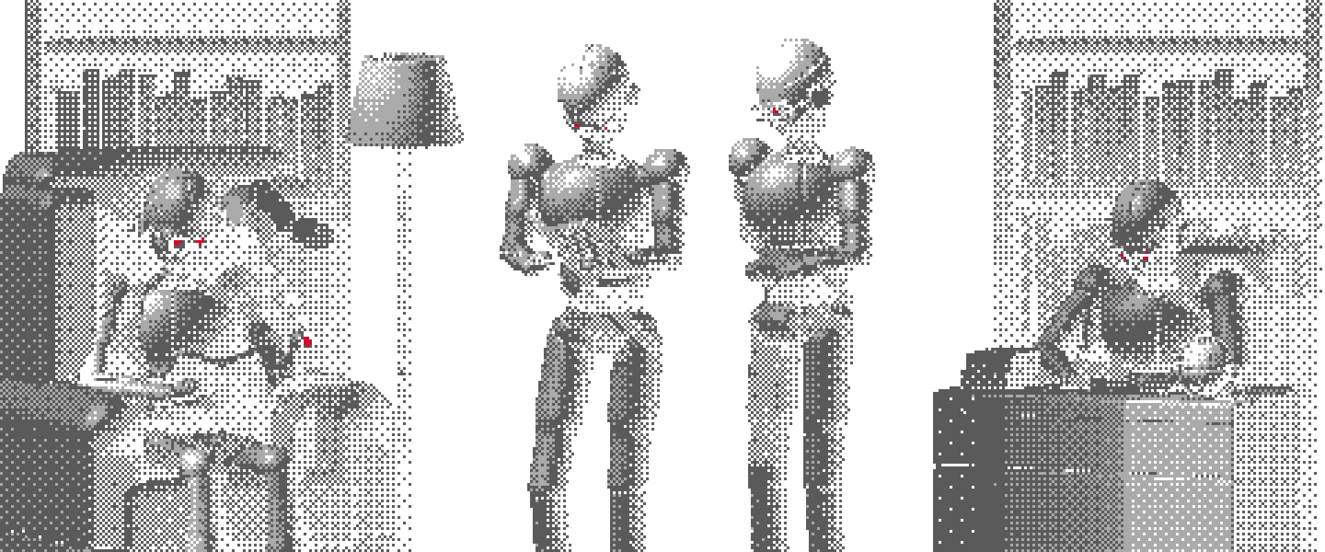 Robots humanoides en pixel art leyendo y estudiando en una biblioteca